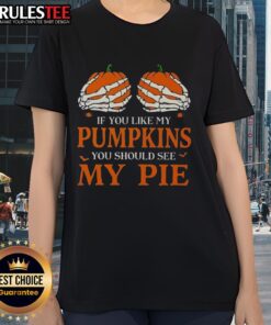 Funny Halloween ladies tee featuring 'If you like my pumpkins, you should see my pie' design with vibrant pumpkin graphics.