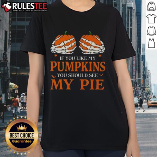 Funny Halloween ladies tee featuring 'If you like my pumpkins, you should see my pie' design with vibrant pumpkin graphics.