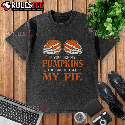 Alt Text: Funny Halloween washed t-shirt featuring pumpkins and pie, perfect for festive fall celebrations and pumpkin lovers.
