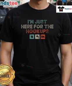 Alt Text: Funny I'M Just Here For The Hookups T-Shirt design featuring RV camper graphics, perfect for camping enthusiasts.