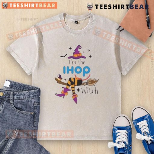 Funny 'I'm the IHOP Witch' Halloween washed t-shirt design featuring a whimsical witch and IHOP-themed graphics.