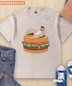 Alt Text: Funny Bob Belcher cartoon design on a washed t-shirt, celebrating bisexual pride with a hamburger theme.