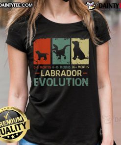 Funny Labrador evolution graphic on a dog lover tee, perfect for puppy enthusiasts and casual wear for ladies.