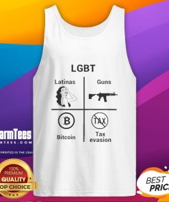 Funny LGBT Latinas tank top featuring guns, bitcoins, and tax evasion humor in a vibrant design.