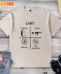Funny LGBT Latinas graphic tee featuring guns, bitcoins, and tax evasion humor, perfect for vibrant and bold fashion statements.