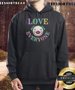 Funny Love Everyone Clown Face hoodie in pastel rainbow colors, promoting positive vibes and joy for all.