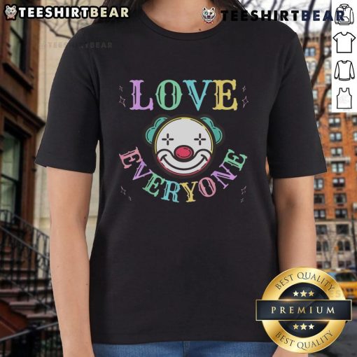 Funny Love Everyone Clown Face Tee in pastel rainbow colors, spreading positive vibes for ladies' casual wear.