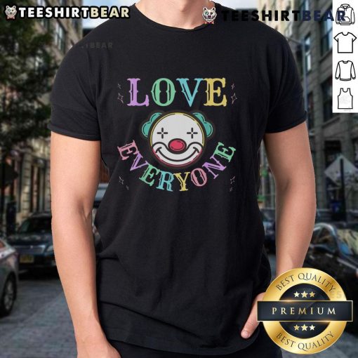 Alt Text: Funny Love Everyone clown face pastel rainbow t-shirt design promoting positive vibes and cheerful energy.