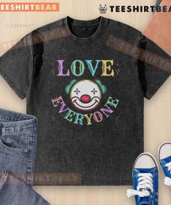 Funny Love Everyone clown face pastel rainbow t-shirt promoting positive vibes, perfect for cheerful outfits.