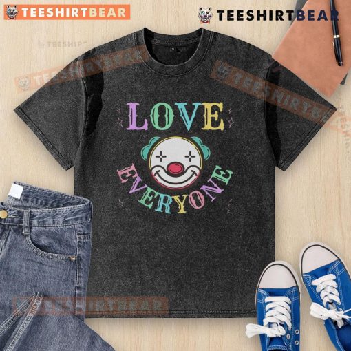 Funny Love Everyone clown face pastel rainbow t-shirt promoting positive vibes, perfect for cheerful outfits.