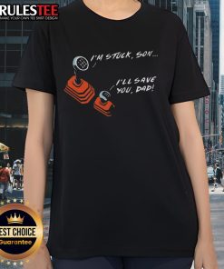 Funny manual transmission dad and son gear graphic on a stylish ladies tee, perfect for car enthusiasts and family bonding.