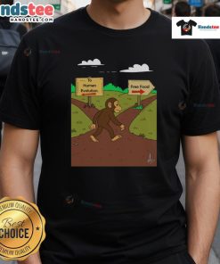 Alt Text: Funny monkey graphic on a Human Evolution Vs Free Food T-shirt, highlighting humor in the primal choice theme.