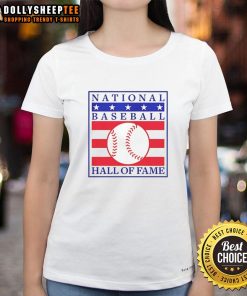Funny National Baseball Hall of Fame logo on a natural ladies tee, perfect for baseball fans and collectors.