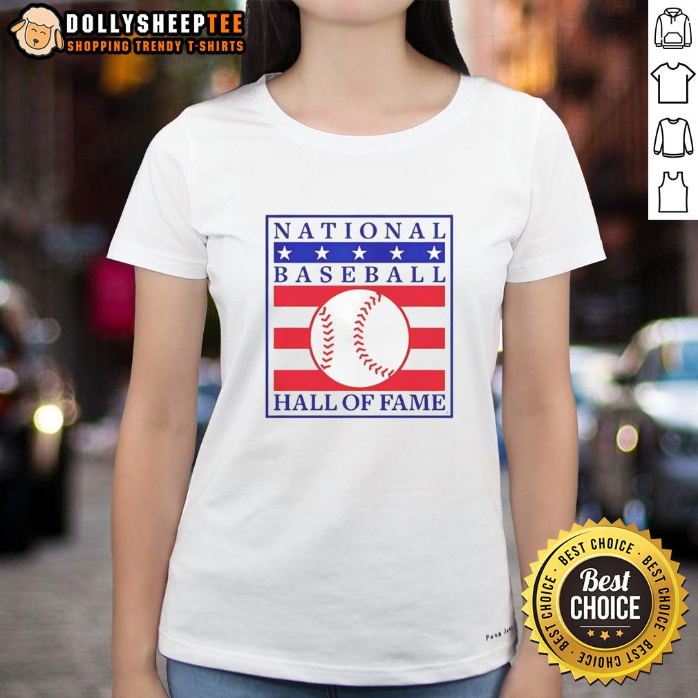 Funny National Baseball Hall Of Fame Primary Logo Natural Ladies Tee Funny National Baseball Hall of Fame logo on a natural ladies tee, perfect for baseball fans and collectors.