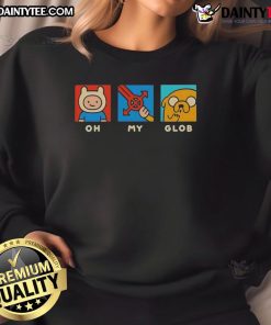 Funny Oh My Glob Adventure Time sweatshirt featuring vibrant colors and cartoon character designs for fans of the show.
