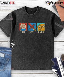 Funny Oh My Glob Adventure Time washed t-shirt featuring vibrant colors and playful graphics of Finn and Jake.