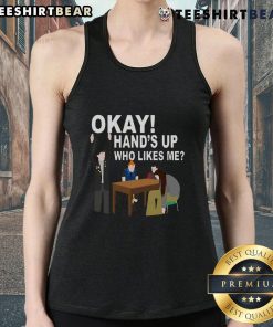 Funny Okay Hand's Up Who Likes Me tank top design featuring playful graphics, perfect for casual wear and humor lovers.