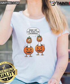 Funny ladies tee featuring a Halloween pumpkin costume with geese, perfect for festive celebrations and laughs.