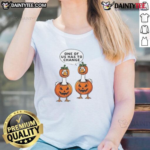 Funny ladies tee featuring a Halloween pumpkin costume with geese, perfect for festive celebrations and laughs.
