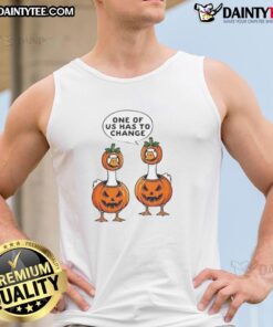 Alt Text: Funny Halloween tank top featuring a goose with a pumpkin costume, perfect for festive celebrations.