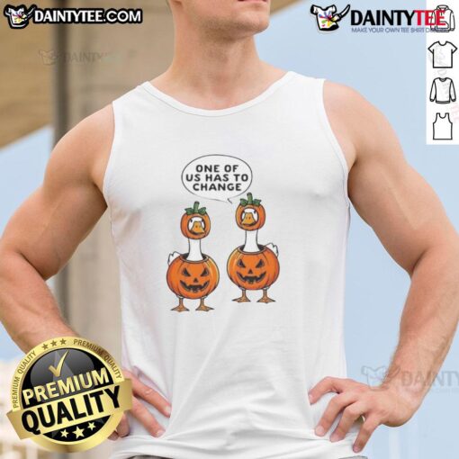Alt Text: Funny Halloween tank top featuring a goose with a pumpkin costume, perfect for festive celebrations.