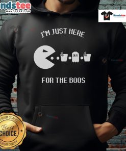 Alt Text: Funny Pac-Man hoodie saying I'm Just Here For The Boos perfect for Halloween and gaming enthusiasts.