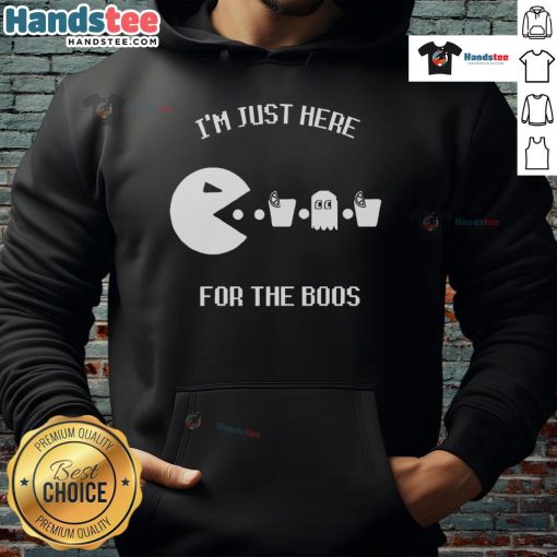 Alt Text: Funny Pac-Man hoodie saying I'm Just Here For The Boos perfect for Halloween and gaming enthusiasts.