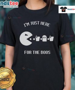 Funny Pacman 'I'm Just Here for the Boos' ladies tee featuring a playful graphic design perfect for Halloween.