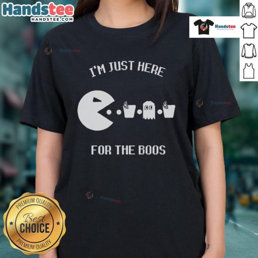 Funny Pacman 'I'm Just Here for the Boos' ladies tee featuring a playful graphic design perfect for Halloween.