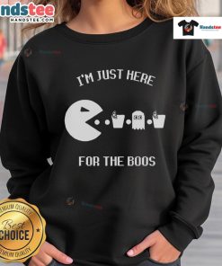 Alt Text: Funny Pacman sweatshirt with the phrase 'I'm just here for the boos' perfect for Halloween and gaming enthusiasts.