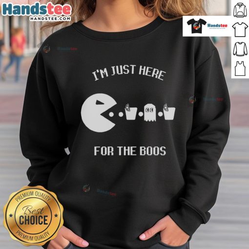 Alt Text: Funny Pacman sweatshirt with the phrase 'I'm just here for the boos' perfect for Halloween and gaming enthusiasts.