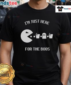 Alt Text: Funny Pacman I'm Just Here For The Boos T-shirt featuring a playful design perfect for Halloween celebrations.