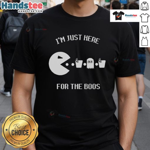 Alt Text: Funny Pacman I'm Just Here For The Boos T-shirt featuring a playful design perfect for Halloween celebrations.