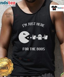 Alt Text: Funny Pacman tank top with I'm Just Here for the Boos text, perfect for Halloween parties and gaming fans.