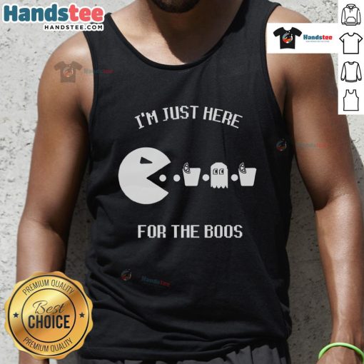 Alt Text: Funny Pacman tank top with I'm Just Here for the Boos text, perfect for Halloween parties and gaming fans.