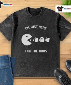 Alt Text: Funny Pacman I'm Just Here For The Boos washed t-shirt featuring a playful design, perfect for Halloween fans.