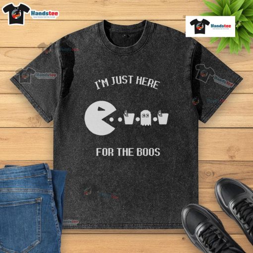 Alt Text: Funny Pacman I'm Just Here For The Boos washed t-shirt featuring a playful design, perfect for Halloween fans.