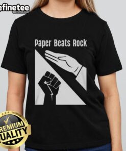 Funny Paper Beats Rock logo on a stylish ladies tee, perfect for casual wear and humor lovers.