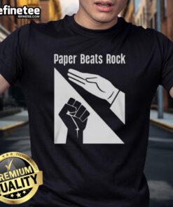 Funny Paper Beats Rock Logo T-Shirt featuring a playful design highlighting the classic game with vibrant colors.