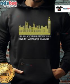 Alt Text: Funny Parliament hoodie featuring 'Hive of Scum and Villainy' design, perfect for London politics satire fans.