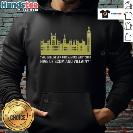 Alt Text: Funny Parliament hoodie featuring 'Hive of Scum and Villainy' design, perfect for London politics satire fans.