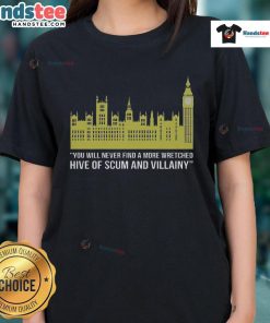 Funny Parliament Hive of Scum and Villainy London Politics Satire Ladies Tee featuring humorous political artwork.