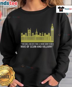 Funny Parliament Hive of Scum and Villainy sweatshirt showcasing London politics satire in a humorous design.