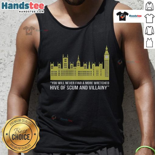 Funny Parliament tank top featuring satire on London politics, with 'Hive of Scum and Villainy' design for humor lovers.