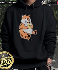 Alt Text: Cute cartoon tiger in a hoodie happily eating pizza, showcasing a funny and playful design for pizza lovers.