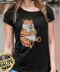 Alt Text: Cute cartoon tiger happily eating pizza on a ladies tee, adding a fun and quirky touch to casual wear.