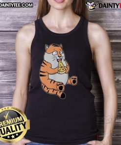 Cute cartoon tiger in a tank top happily eating pizza, showcasing a funny and playful vibe. Perfect for pizza lovers!
