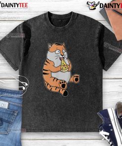 Funny cartoon tiger eating pizza while wearing a washed t-shirt, showcasing a cute and playful design perfect for pizza lovers.