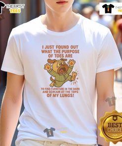 Alt Text: Funny pug wearing a I Just Found Out What The Purpose Of Toes t-shirt, perfect for dog lovers and humorous pet apparel.