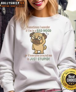 Alt Text: Funny pug wearing a sweatshirt with the phrase Sometimes I wonder if I'm in a bad mood for pet lovers.